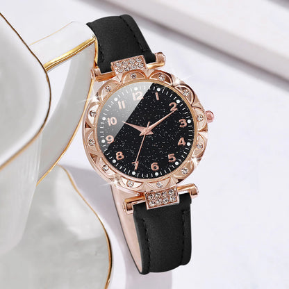 2pcs Women's Rhinestone Quartz Watch & Heart Bracelet Set - PU Leather, Arabic Numeral, 33mm