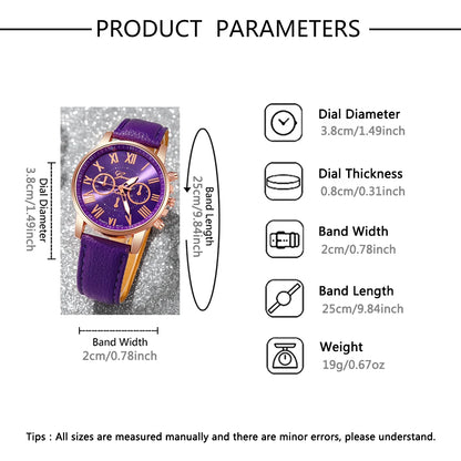 Women's Quartz Watch & Bracelet Set – Roman Numeral, Leather Band