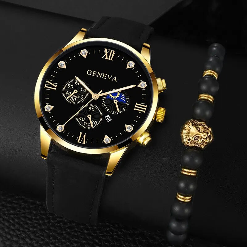 DEYROS 2pcs Men's Luxury Quartz Watch & Bracelet Set - Leather Band, Numberless Dial, No Box