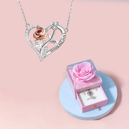 Heart Necklace with Colorful Rose Gift Box - I Love You Forever Pendant