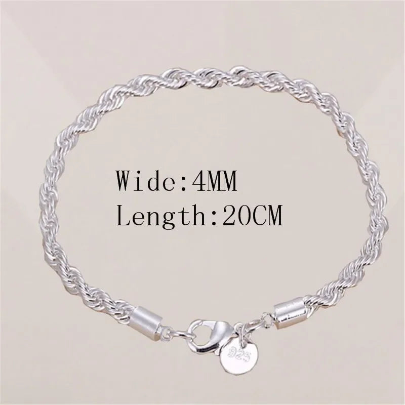 925 Sterling Silver 4mm Twisted Rope Bracelet - Unisex