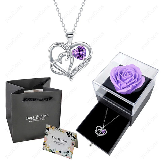Heart Pendant Necklace with Rose Gift Box - Stainless Steel Jewelry