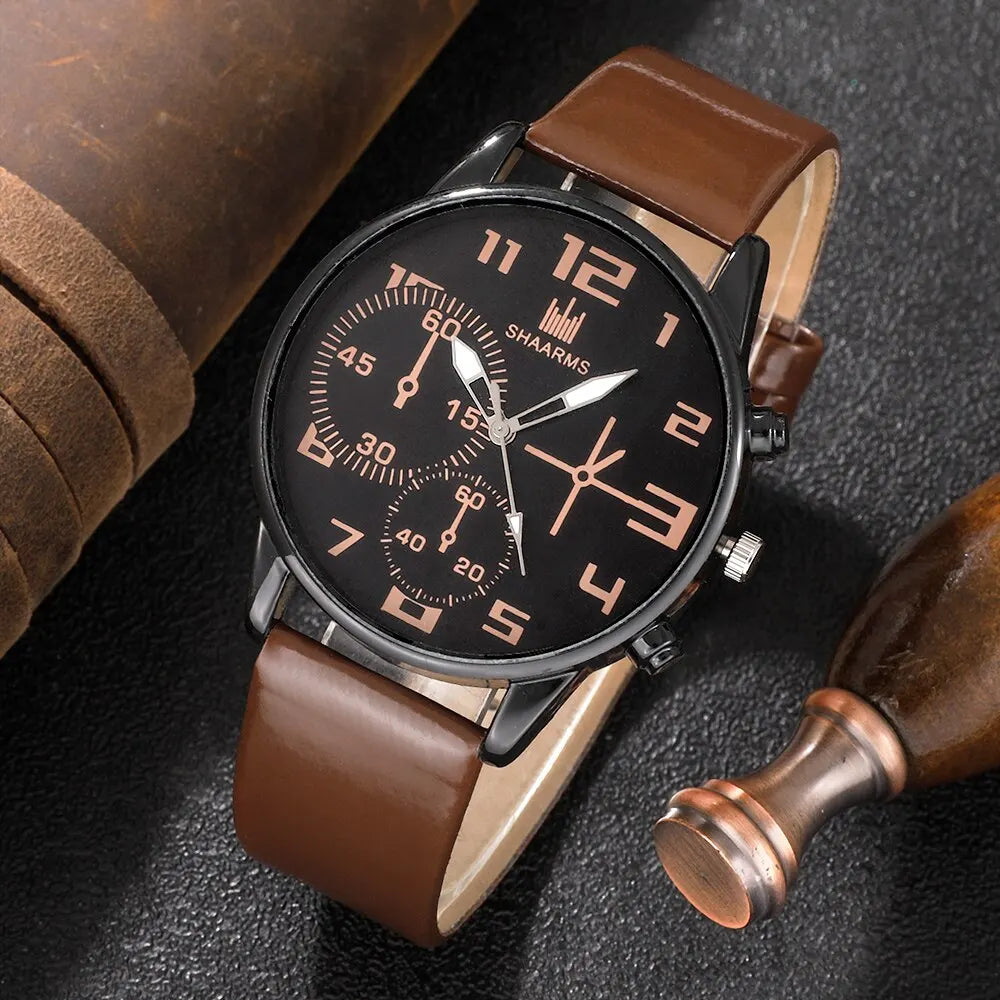 Men's 5pcs Retro Big Dial Quartz Watch & Bracelet Set - Leather Band, Arabic Numeral, 41mm