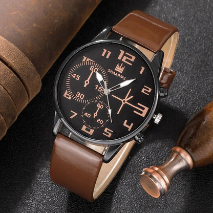 Men's 5pcs Retro Big Dial Quartz Watch & Bracelet Set - Leather Band, Arabic Numeral, 41mm