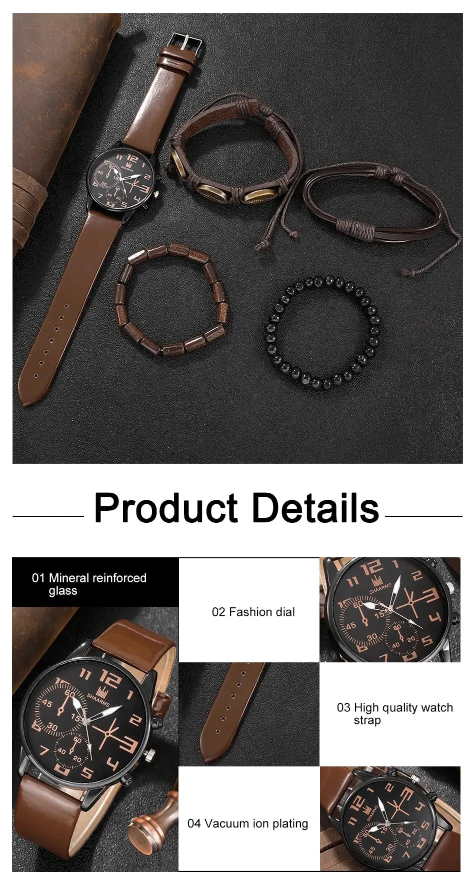 Men's 5pcs Retro Big Dial Quartz Watch & Bracelet Set - Leather Band, Arabic Numeral, 41mm
