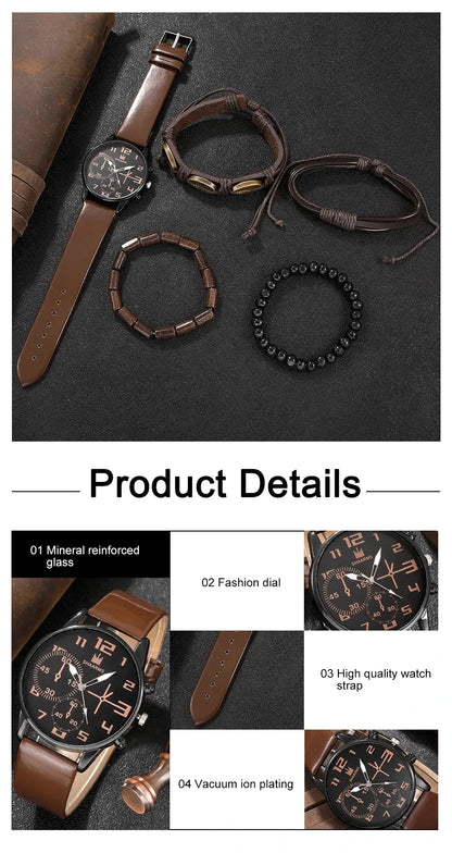 Men's 5pcs Retro Big Dial Quartz Watch & Bracelet Set - Leather Band, Arabic Numeral, 41mm