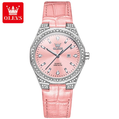 OLEVS 5606 Original Diamond Watch - Leather Strap, 3M Waterproof, Luminous