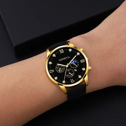 DEYROS 2pcs Men's Luxury Quartz Watch & Bracelet Set - Leather Band, Numberless Dial, No Box
