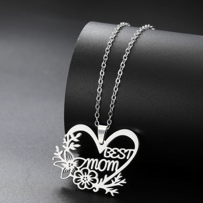 Mom Heart Flower Pendant Necklace – Stainless Steel, Gold & Silver, 45cm