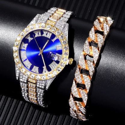 TVK Unisex Rhinestone Quartz Watch - Roman Numeral, Stainless Steel, Auto Date, Shock Resistant