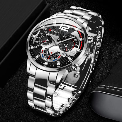 yolako 3pcs Men's Quartz Watch, Necklace & Bracelet Set - Stainless Steel, Numberless Dial, 42mm