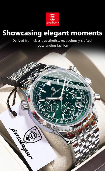 POEDAGAR 960 Men's Luxury Chronograph Watch - Stainless Steel, Luminous, 3ATM, Auto Date