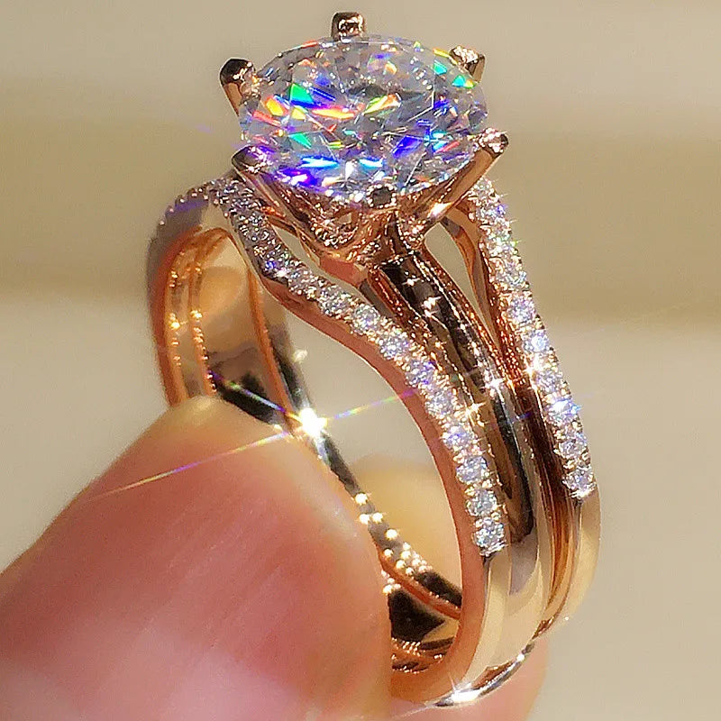 Rose Gold Cubic Zirconia Ring - 6 Claw Engagement Band