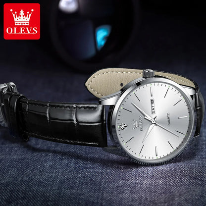OLEVS 2935 Men's Watch - 43mm, Dual Calendar, Luminous, 3ATM Waterproof, Leather Strap