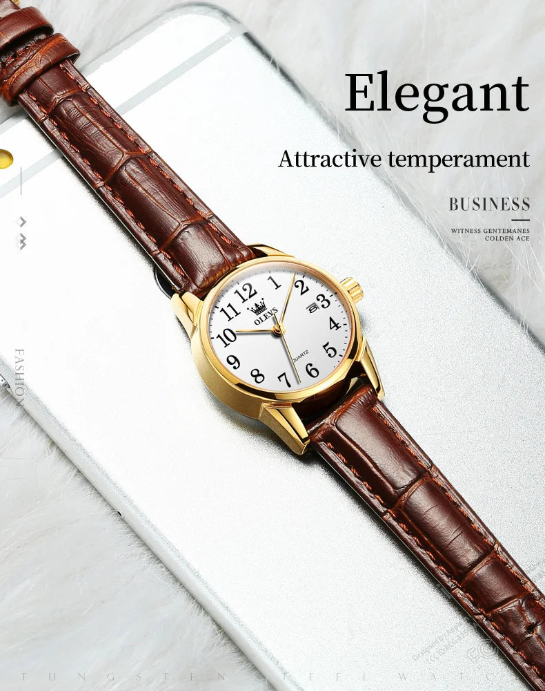 OLEVS 5566 Watch - Fashion Quartz, Leather Strap, Waterproof, Arabic Numeral, Men & Women