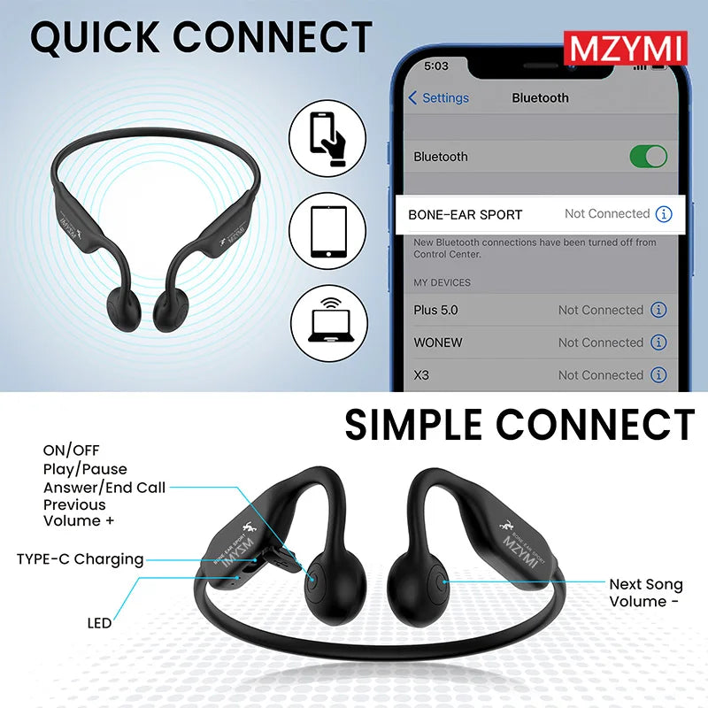 Bone Conduction Neckband Headphones - Bluetooth 5.3, IP56 Waterproof, 15H Battery