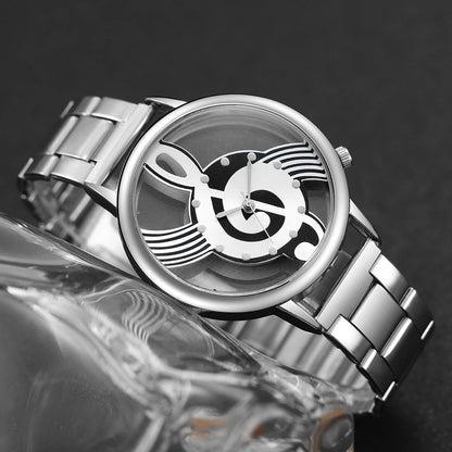 Women's 2pcs Hollow Musical Note Dial Quartz Watch & Heart Bracelet Set - Steel Band, 40mm, No Box