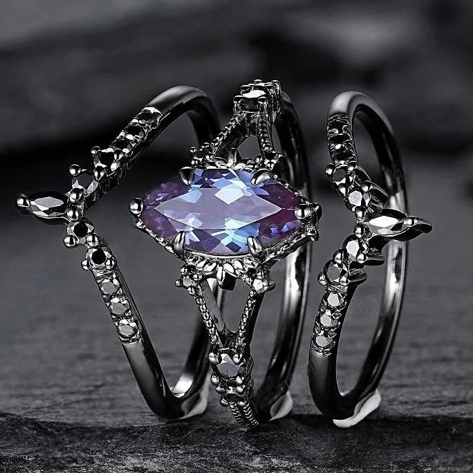 Black Stone Ring Set - Blue & Black Oval & Round Rings