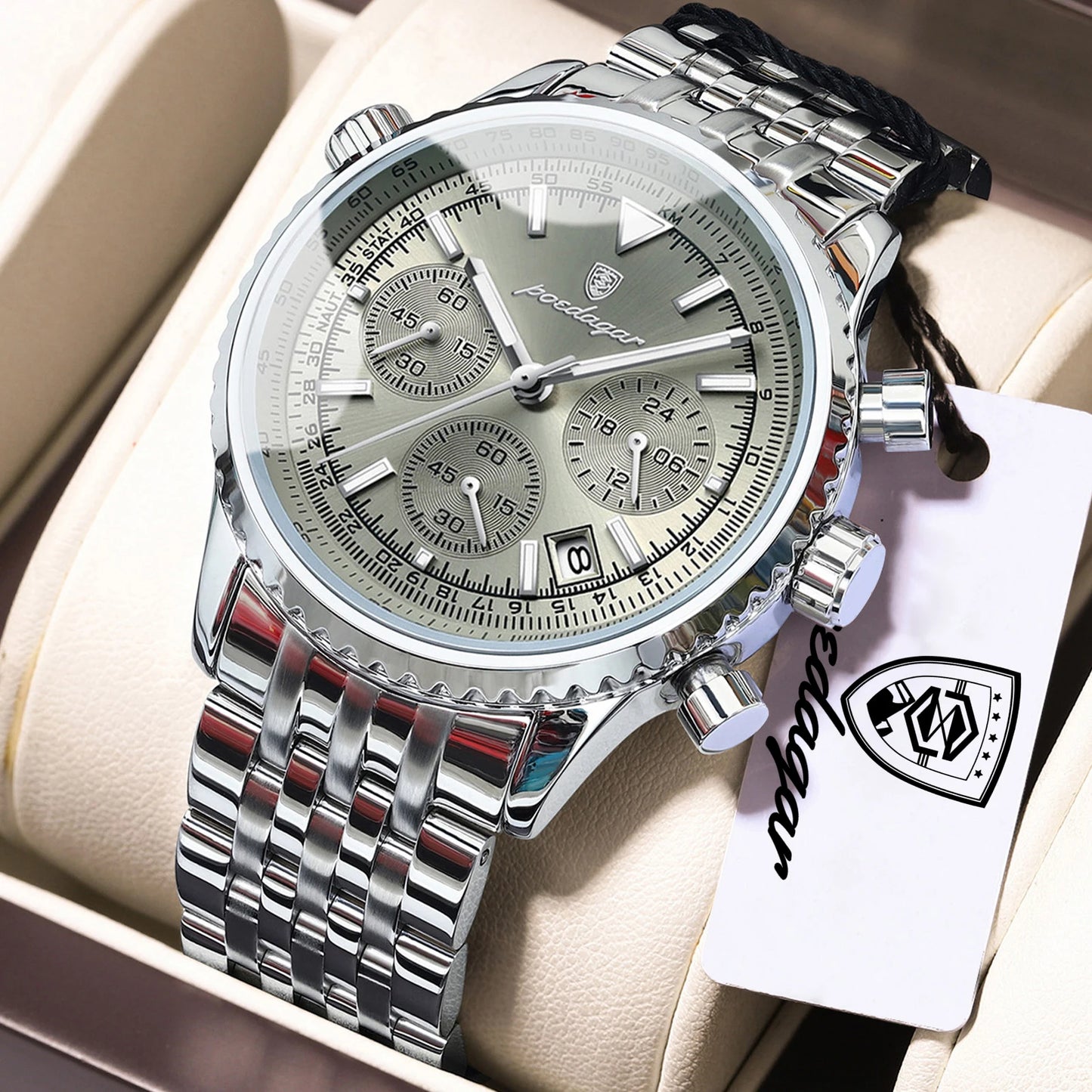 POEDAGAR 960 Men's Luxury Chronograph Watch - Stainless Steel, Luminous, 3ATM, Auto Date