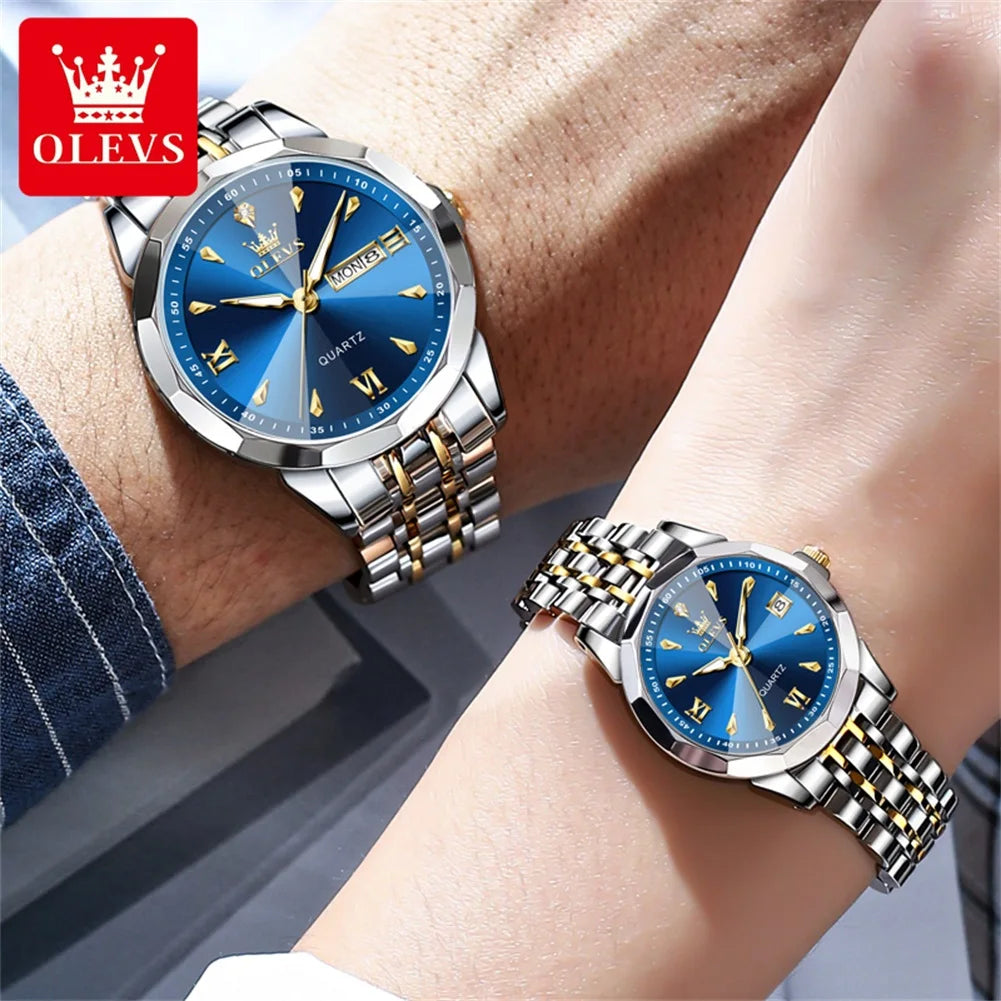 OLEVS 9998 Couple Watches - Rhombus Mirror, Luminous Date, Waterproof
