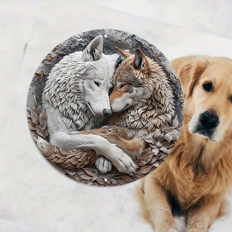 Wolf Couple Metal Wall Art - 8" Aluminum Round