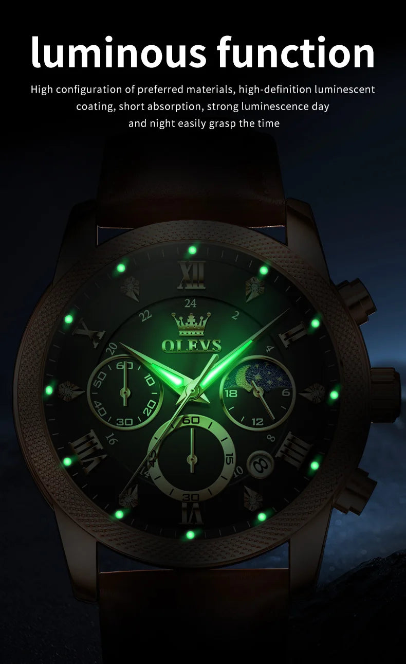 OLEVS 3660 Men's Watch - Moon Phase, Chronograph, Leather Strap, Waterproof, Anti-Magnetic