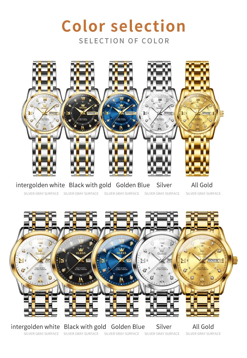 OLEVS 5513 Couple Watch - Stainless Steel, Waterproof, Luxury Gold Diamond, Lover's Pair