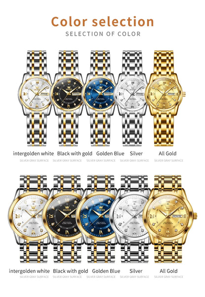 OLEVS 5513 Couple Watch - Stainless Steel, Waterproof, Luxury Gold Diamond, Lover's Pair