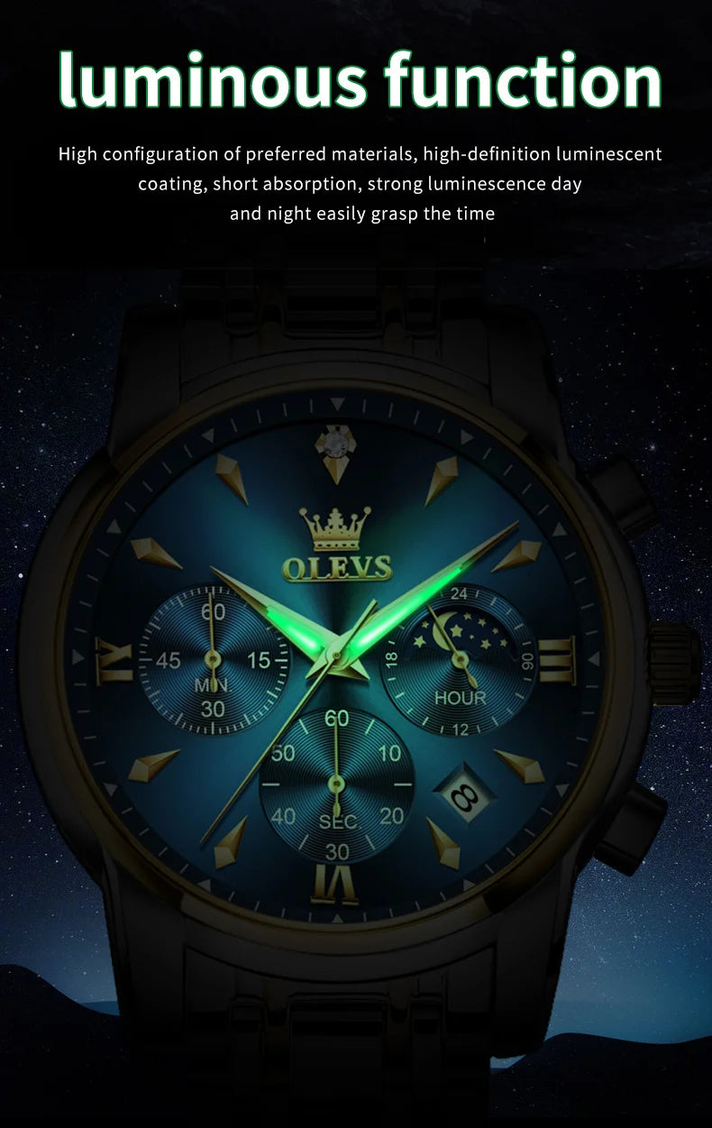 OLEVS Moon Phase Watch - Gold Blue Stainless Steel Chronograph