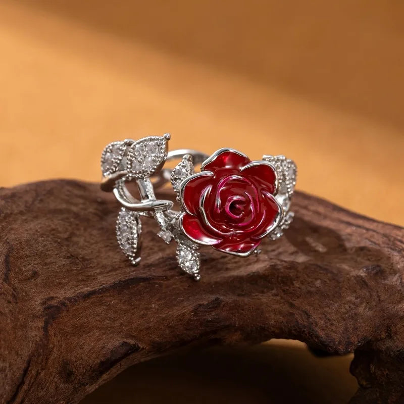 Vintage Red Rose Flower Ring - Elegant Gift Jewelry