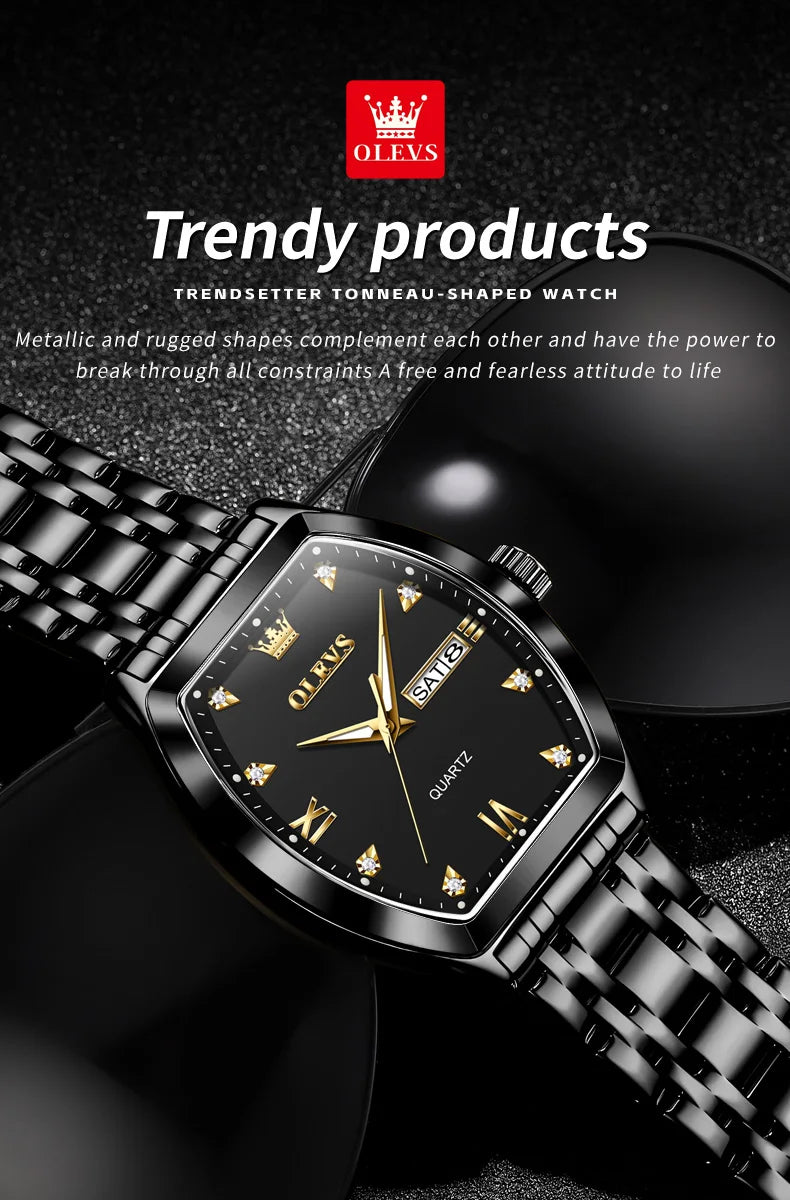 OLEVS 5528 Men's Watch - Luxury Gold, Tonneau Dial, Waterproof, Luminous, Business