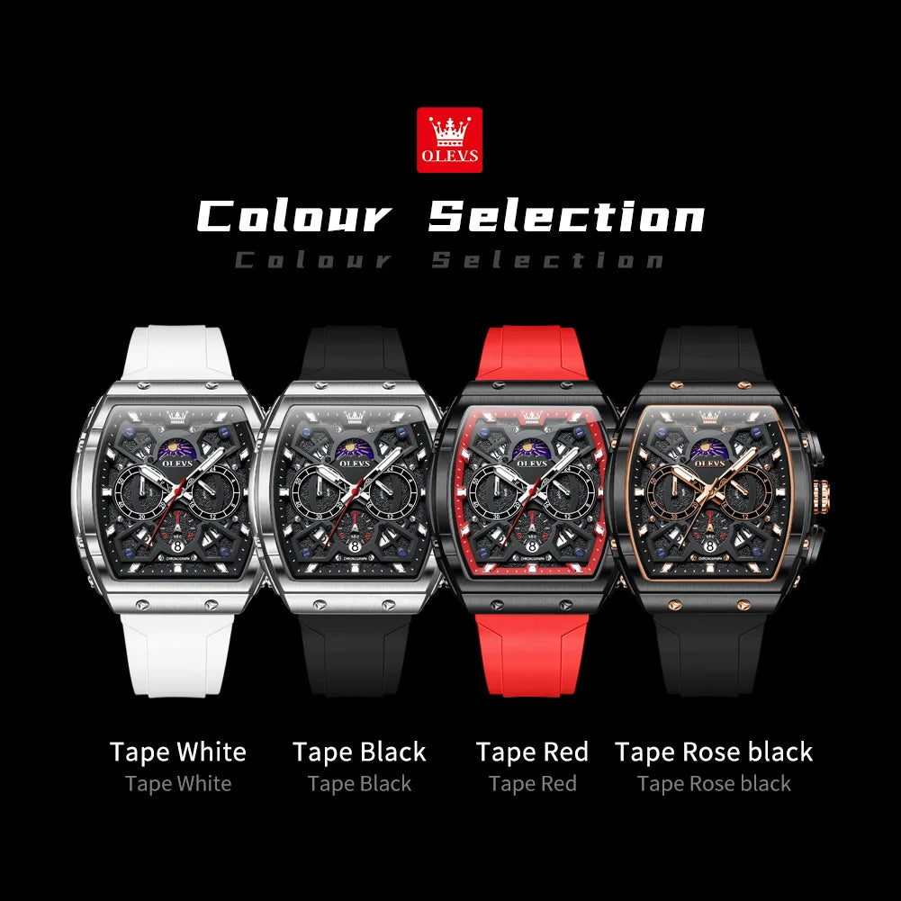 OLEVS 2492 Men's Watch - Tonneau Hollow Out, Moon Phase, Waterproof, Luminous, Silicone