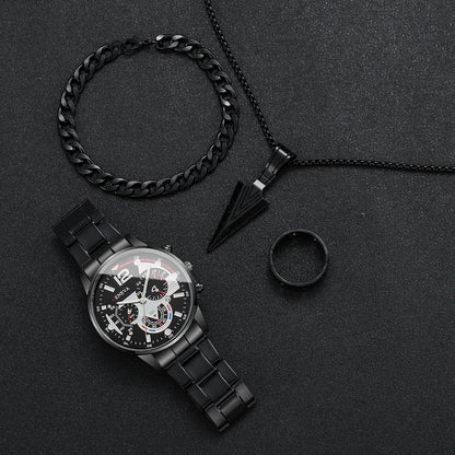 yolako 4pcs Men's Quartz Watch, Bracelet, Necklace & Ring Set - Alloy, Arabic Numeral, 40mm