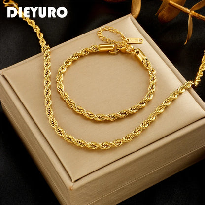 Gold Stainless Steel Chain Necklace & Bracelet Set