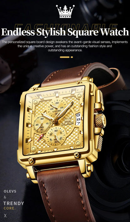 OLEVS 9925 Men's Watch - Luxury Square, Chronograph, Waterproof, Leather Strap