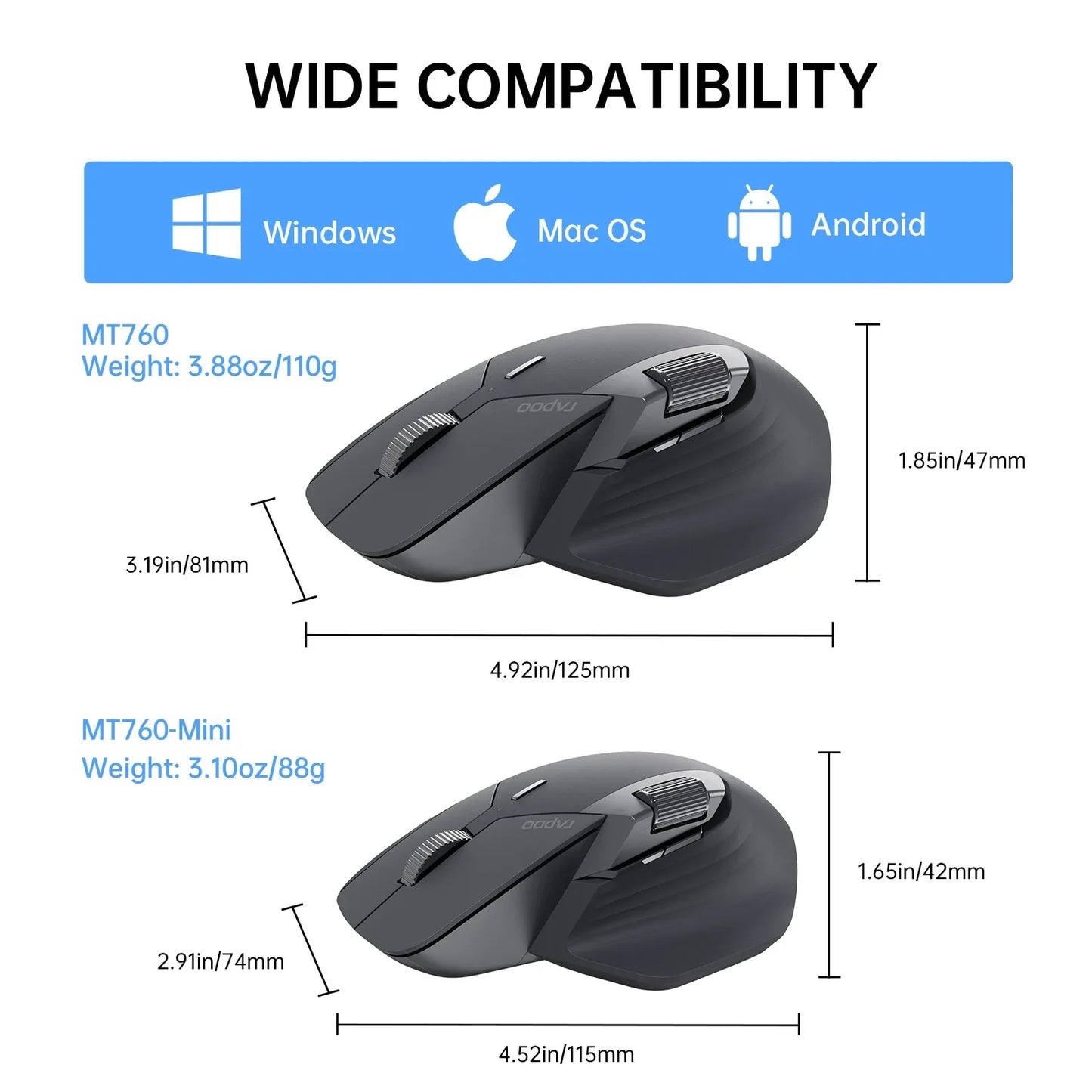 Rapoo MT760 Wireless Mouse - Multi-Device, 4000 DPI, Rechargeable, Bluetooth & 2.4GHz