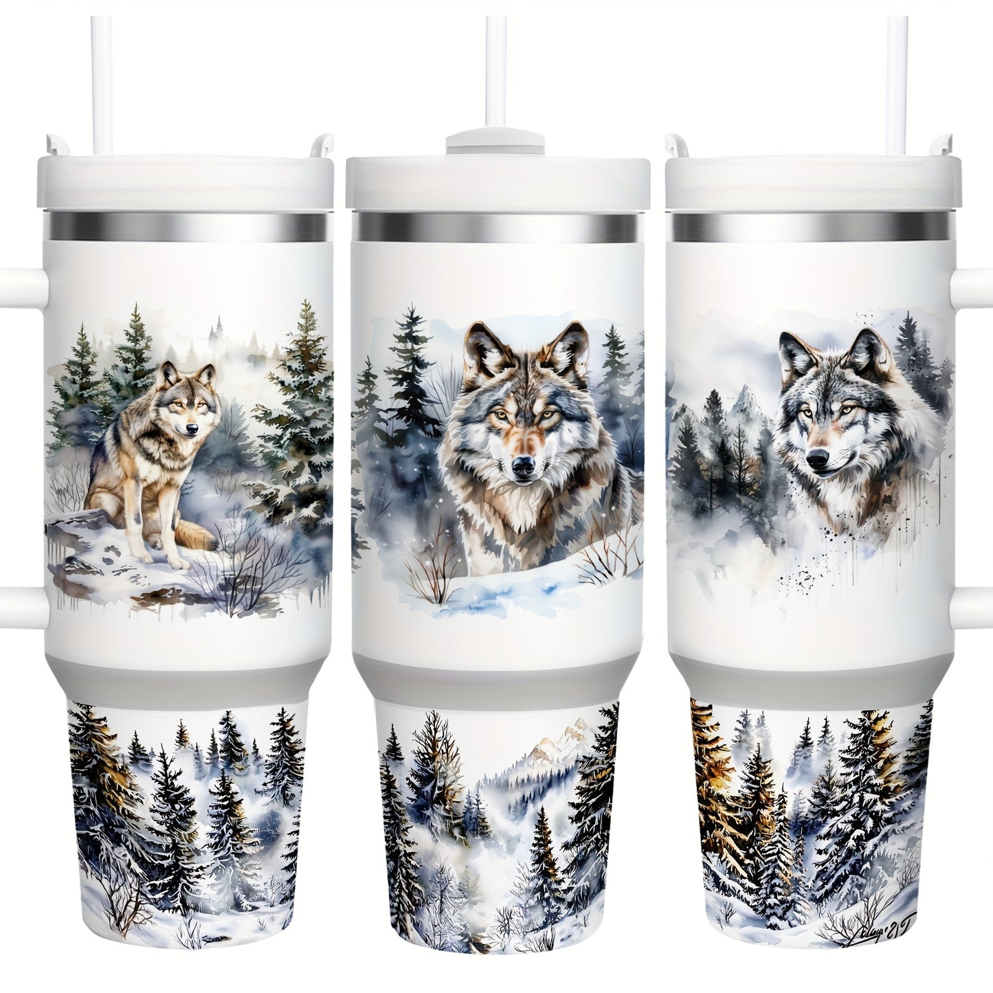 Mikenda Floral Wolf Tumbler - 40oz, Insulated Stainless Steel, Straw & Lid, Hot & Cold