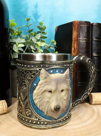 Wolf Magic Mug - Gray Wolf Celtic Tribe, Resin with Stainless Steel Rim, Coffee & Tea