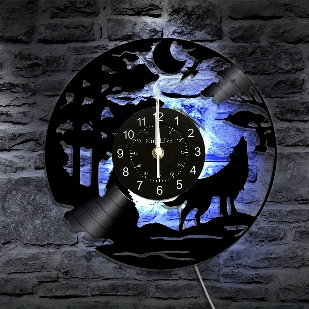 Silent Wolf Vinyl Record Wall Clock - Luminous, Home Decor, Gift