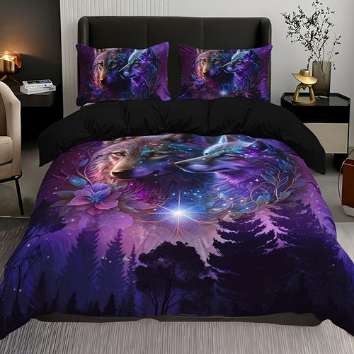 Starry Sky Forest Wolf Print 3-Piece Bedding Set - Soft & Breathable Duvet Cover for Bedroom, Guest Room & Dorm