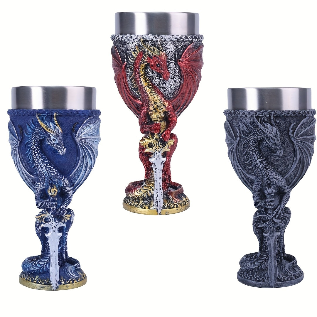 Medieval Dragon & Sword Wine Cup - 7oz, Insulated Stainless Steel, Gothic, Holiday Gift