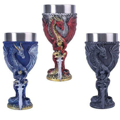 Medieval Dragon & Sword Wine Cup - 7oz, Insulated Stainless Steel, Gothic, Holiday Gift