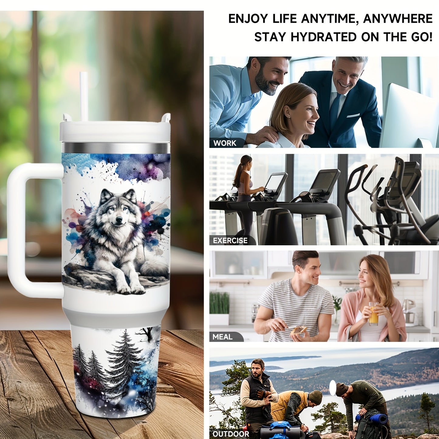 Mikenda Floral Wolf Tumbler - 40oz, Insulated Stainless Steel, Straw & Lid, Hot & Cold