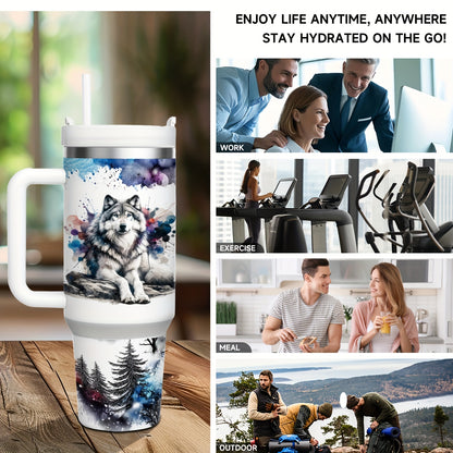 Mikenda Floral Wolf Tumbler - 40oz, Insulated Stainless Steel, Straw & Lid, Hot & Cold