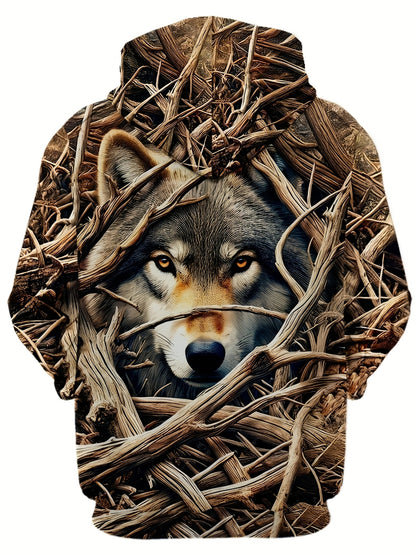 Men's Wolf Print Hoodie - 3D Animal Pattern, Polyester, Regular Fit, Fall/Winter