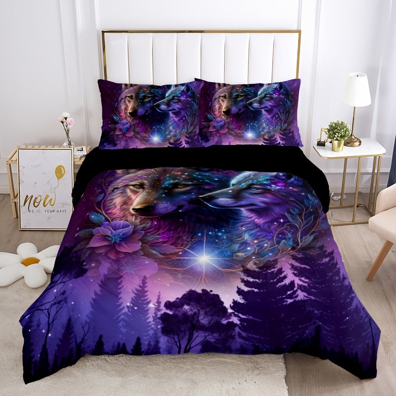 Starry Sky Forest Wolf Print 3-Piece Bedding Set - Soft & Breathable Duvet Cover for Bedroom, Guest Room & Dorm