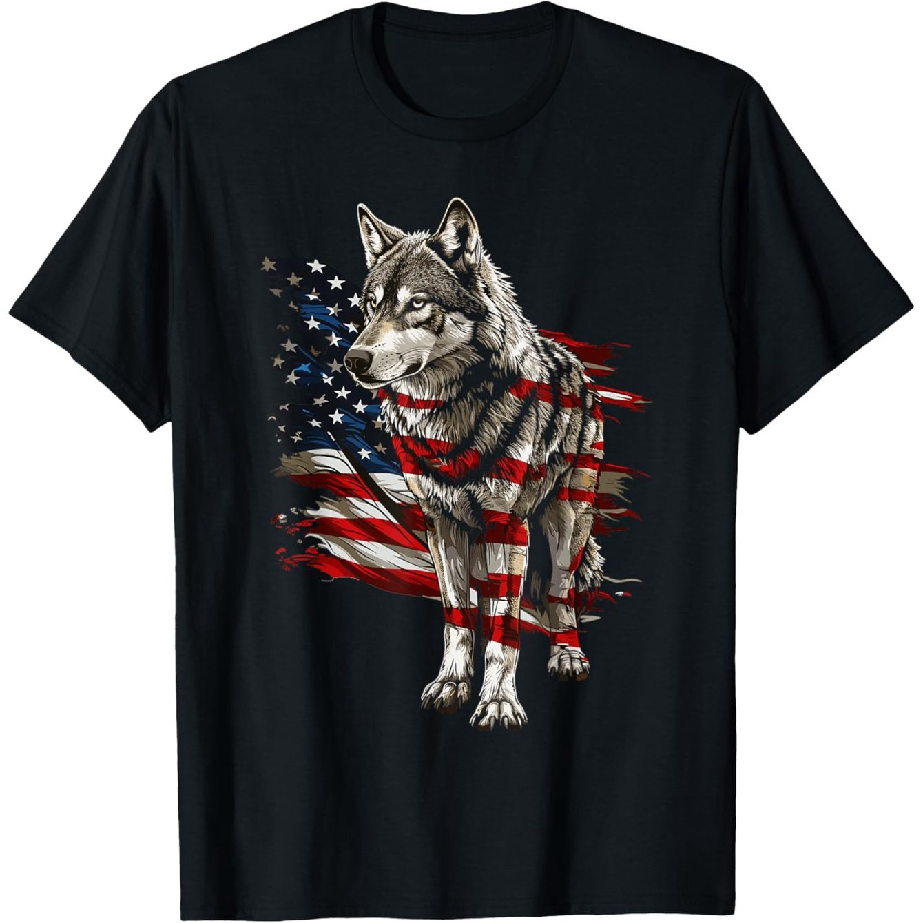 Patriotic Wolf USA T-Shirt - 4th of July, American Flag, 100% Cotton, Unisex, S-XXXL