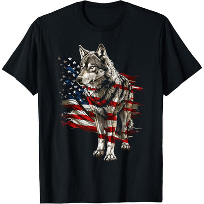 Patriotic Wolf USA T-Shirt - 4th of July, American Flag, 100% Cotton, Unisex, S-XXXL