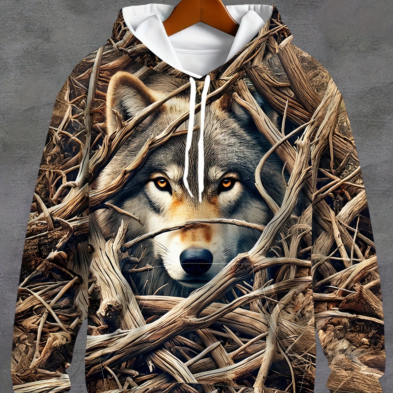 Men's Wolf Print Hoodie - 3D Animal Pattern, Polyester, Regular Fit, Fall/Winter