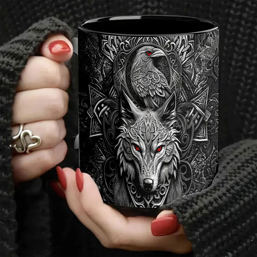 Wolf & Raven Celtic Knot Ceramic Mug - 11oz, Wide Mouth, Hot & Cold, Valentine's Gift
